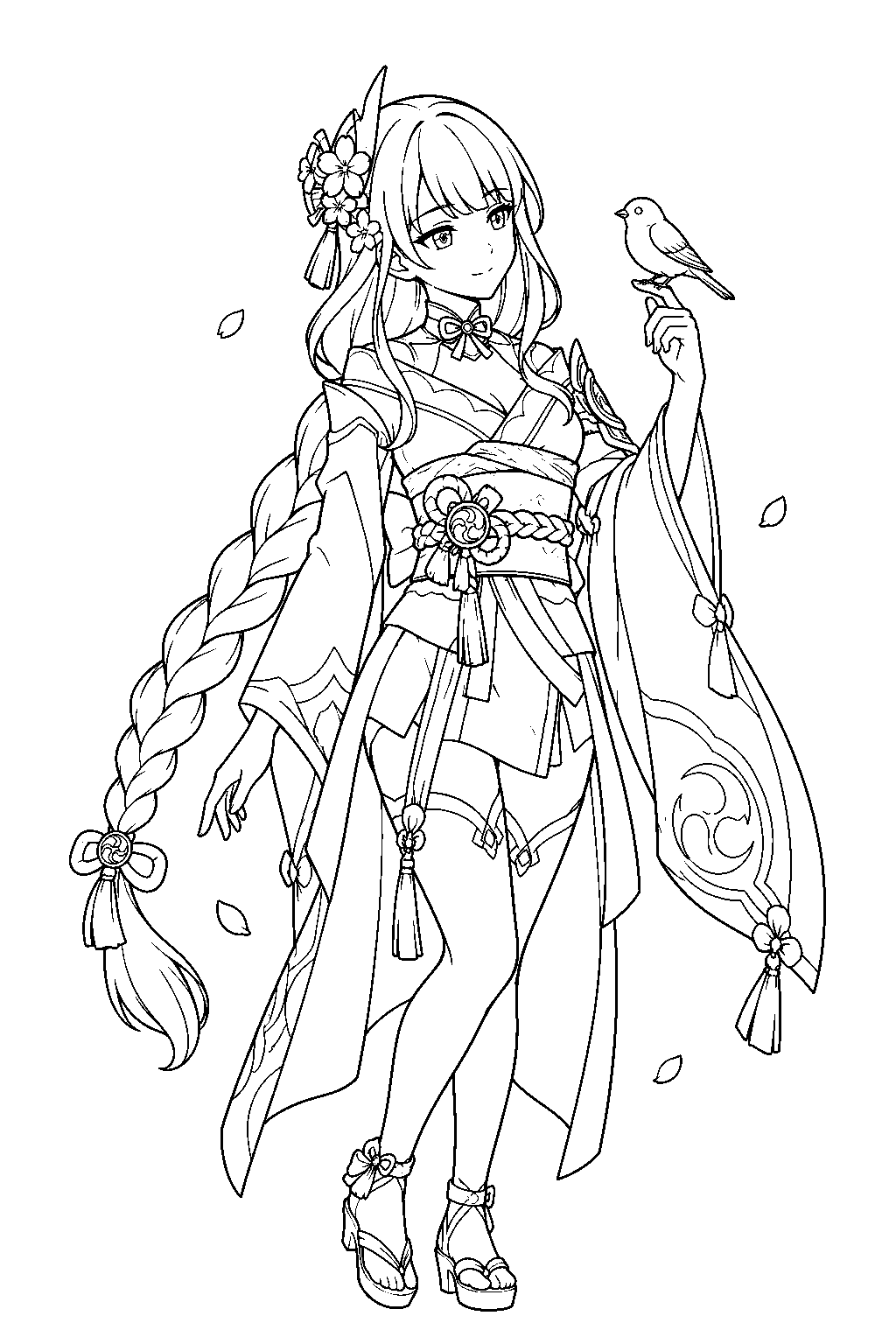 genshin impact raiden shogun watching a finch perched on her fingertip line art