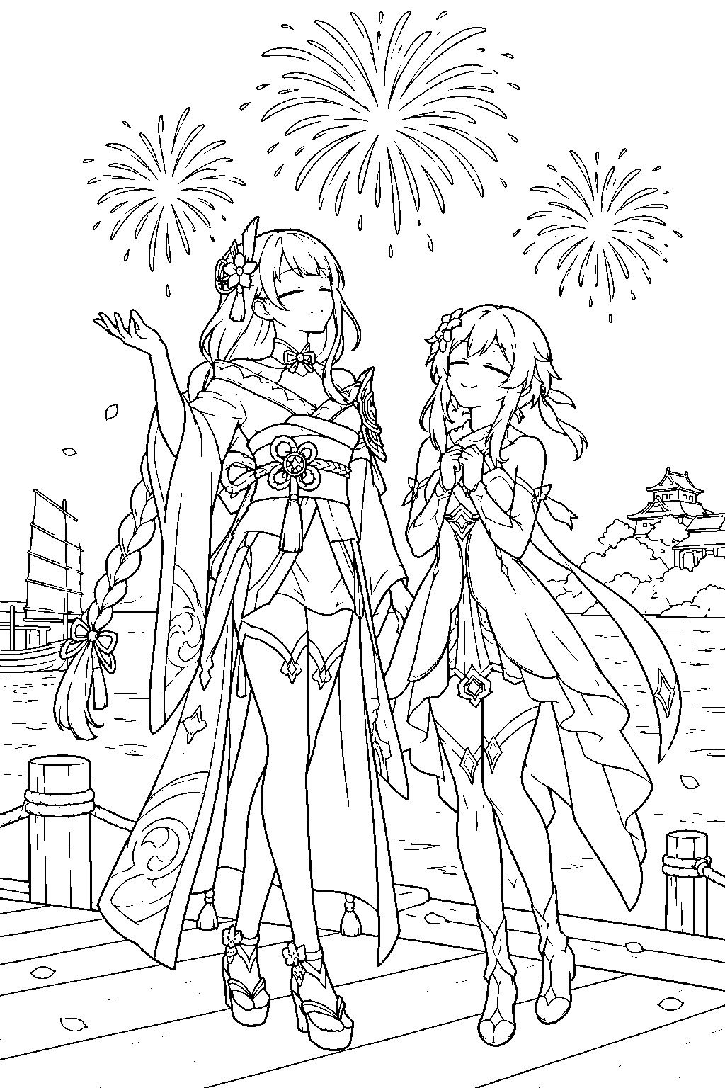 genshin impact raiden shogun watching fireworks with the traveler beside inazuma harbor line art