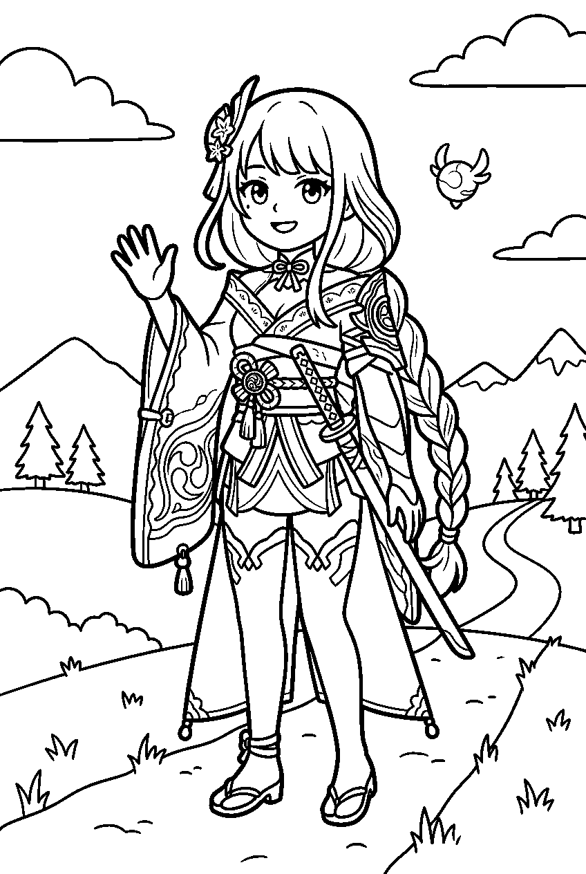genshin impact raiden shogun waving in starfell valley line art