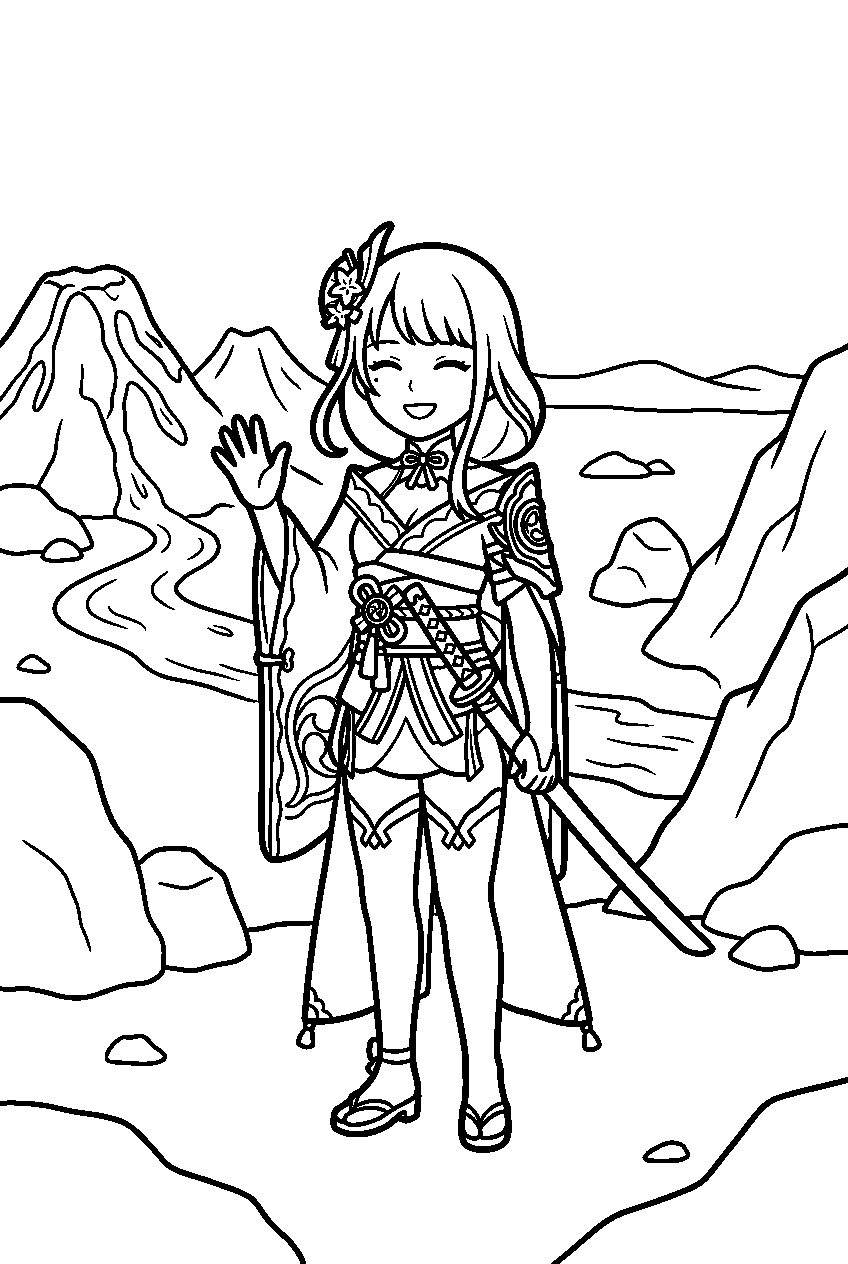 genshin impact raiden shogun waving in volcanic valley line art
