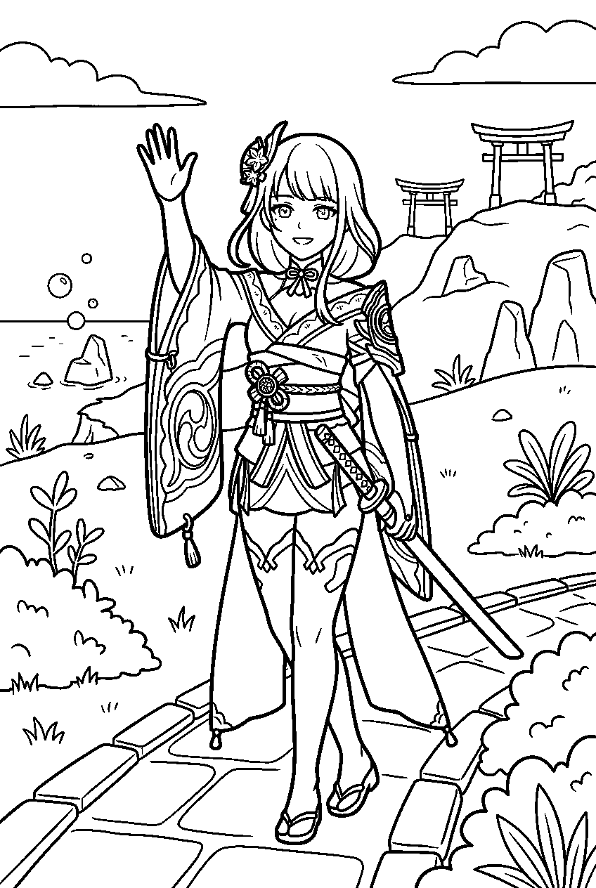 genshin impact raiden shogun waving in watatsumi island line art