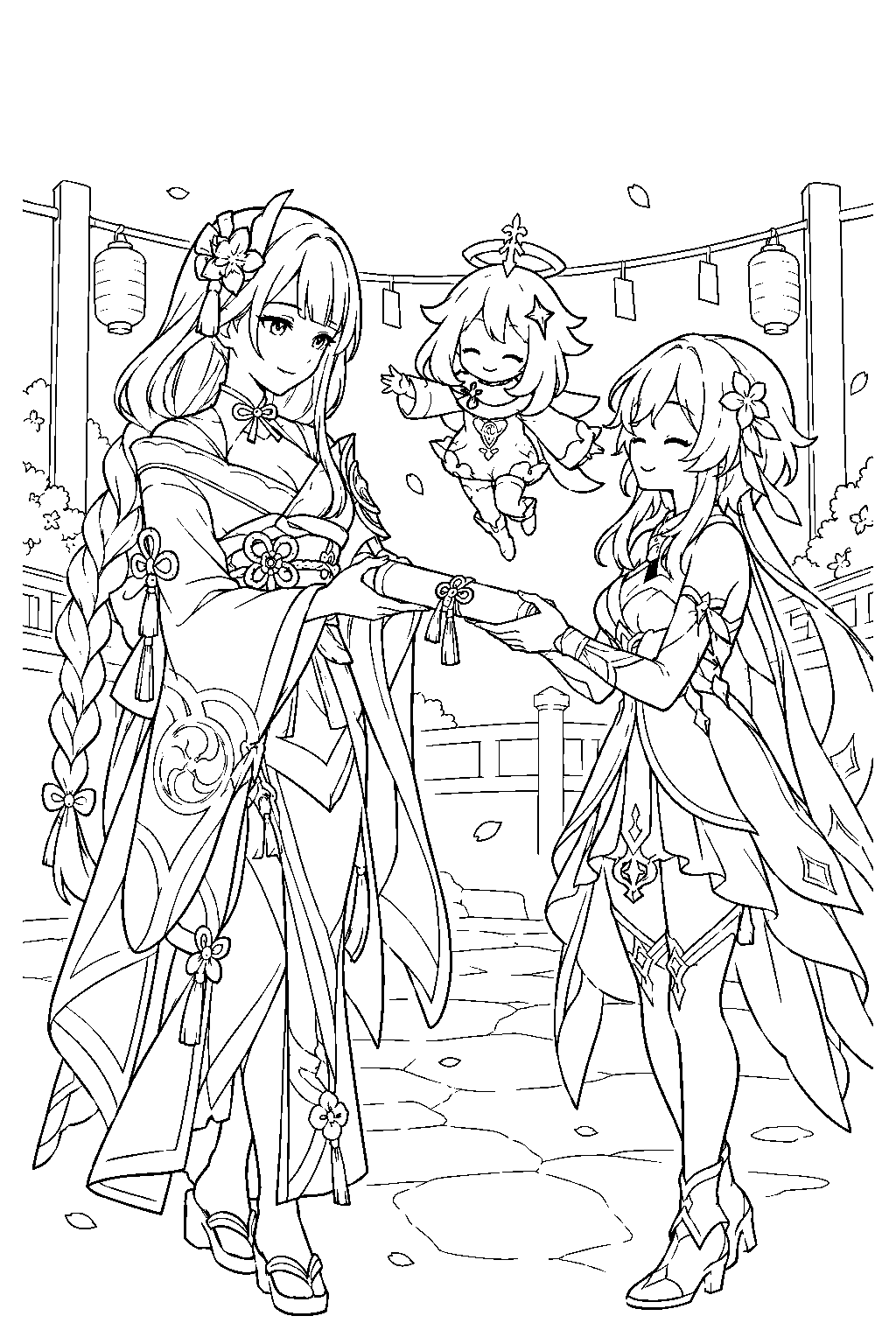 genshin impact raiden shogun welcoming the traveler as the mikawa flower festival representative line art