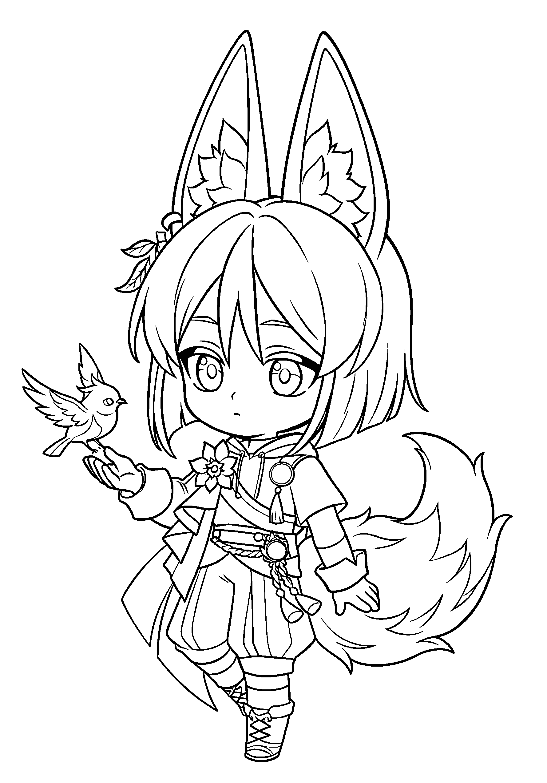 chibi tighnari forest bird genshin impact cute line art