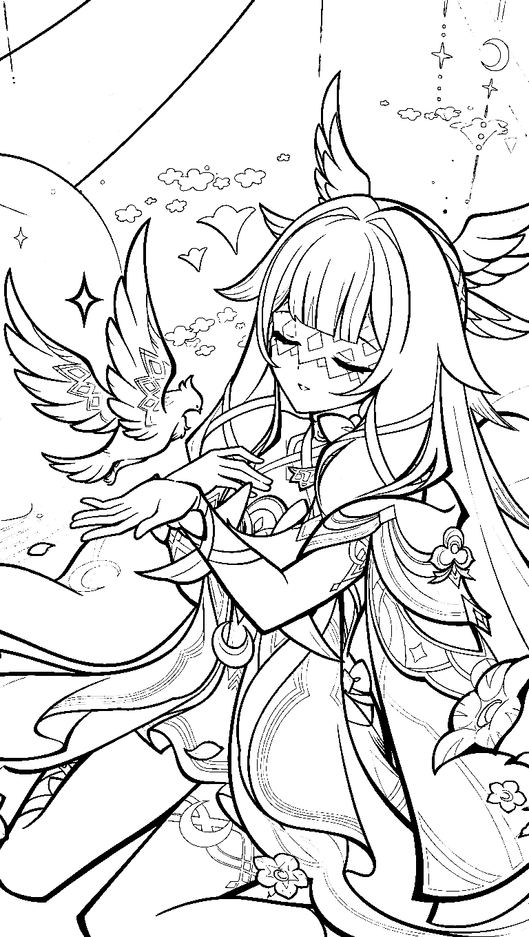 columbina magic bird night genshin impact anime line art