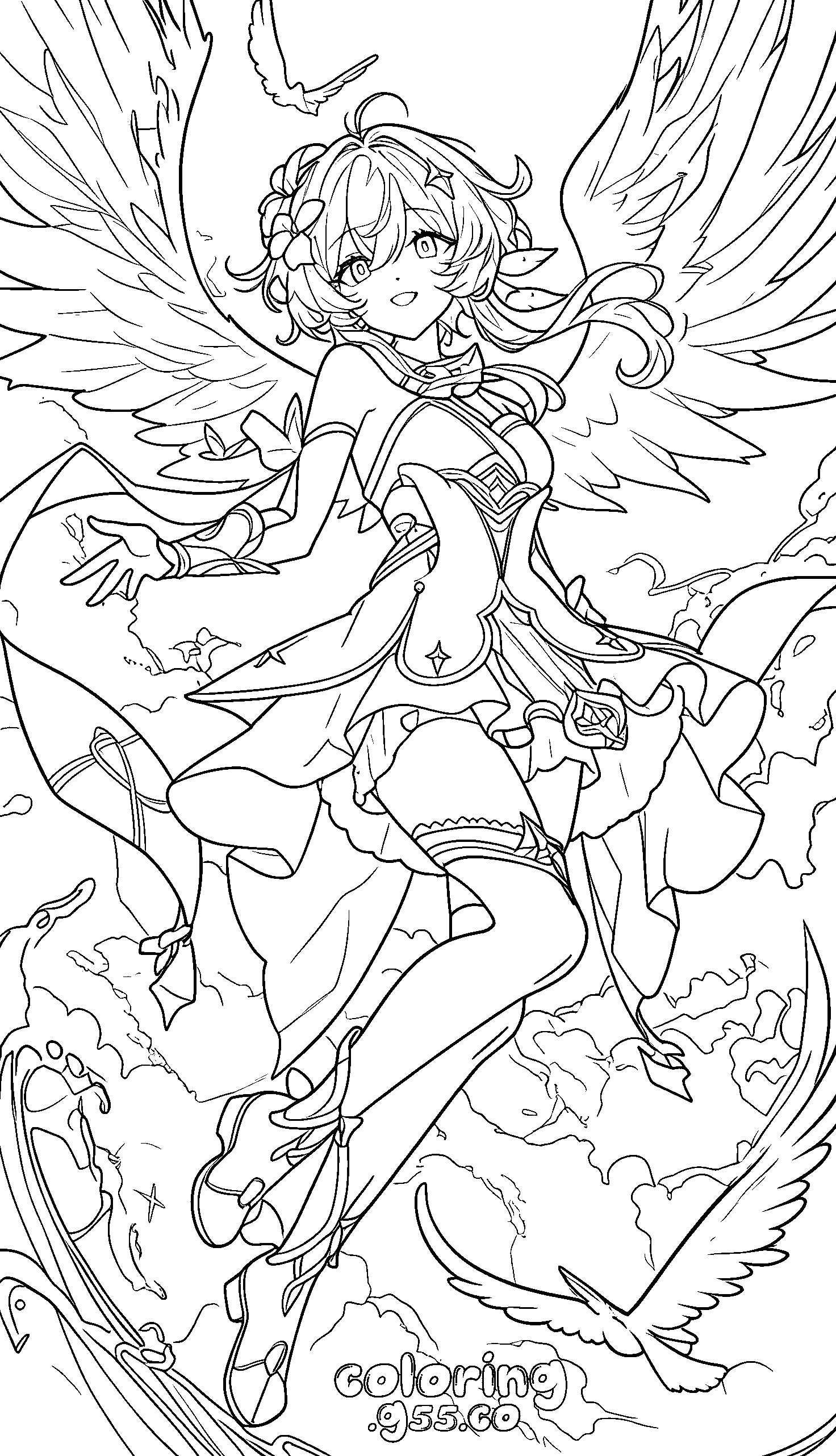 angelic traveler lumine flying genshin impact anime line art