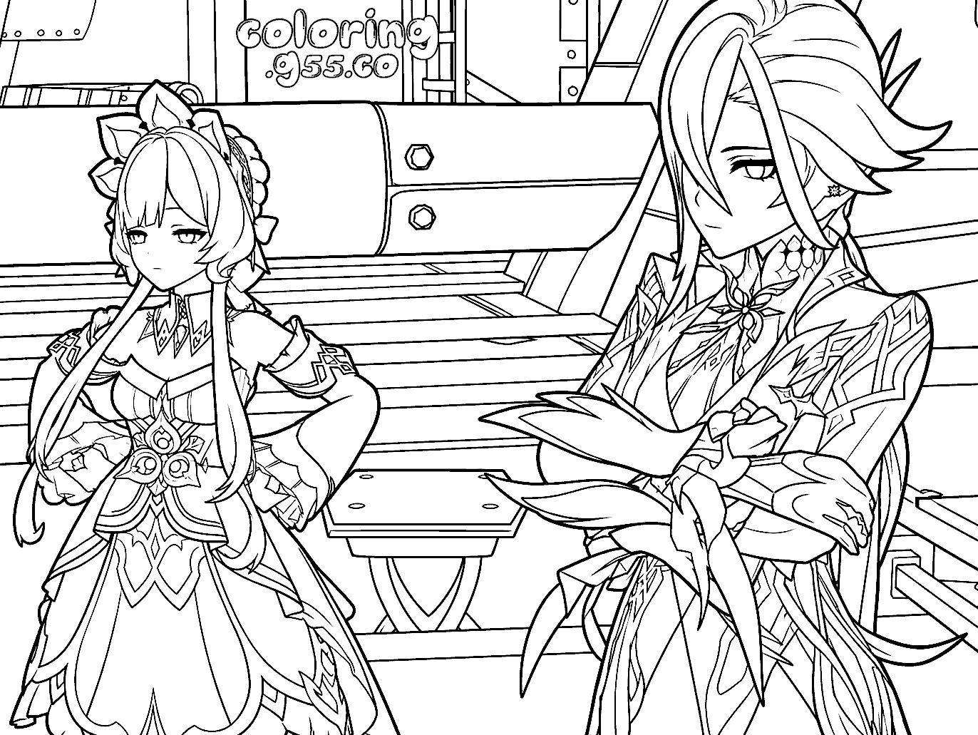 arlecchino and sandrone fatui duo genshin impact anime line art