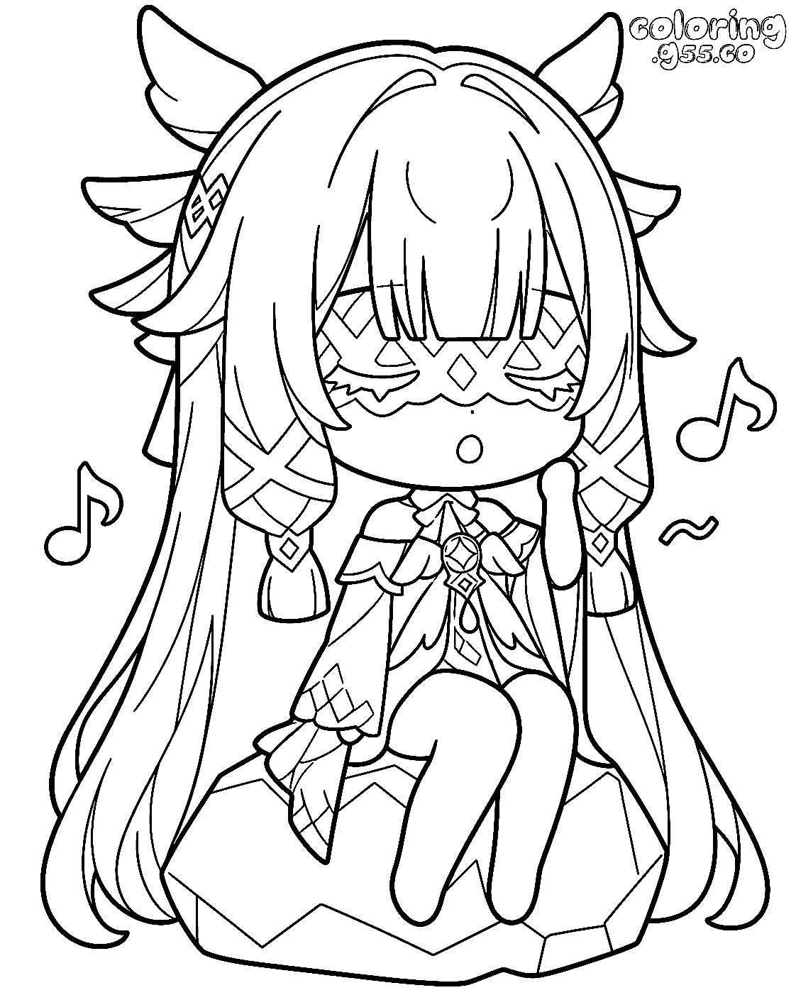 chibi columbina damselette singing genshin impact anime line art