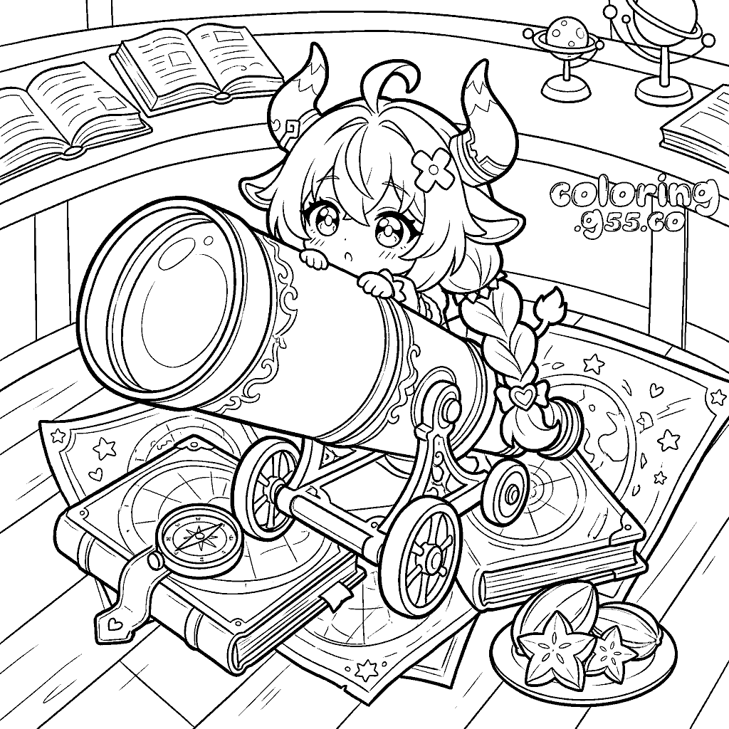 chibi varesa telescope observatory genshin impact anime line art