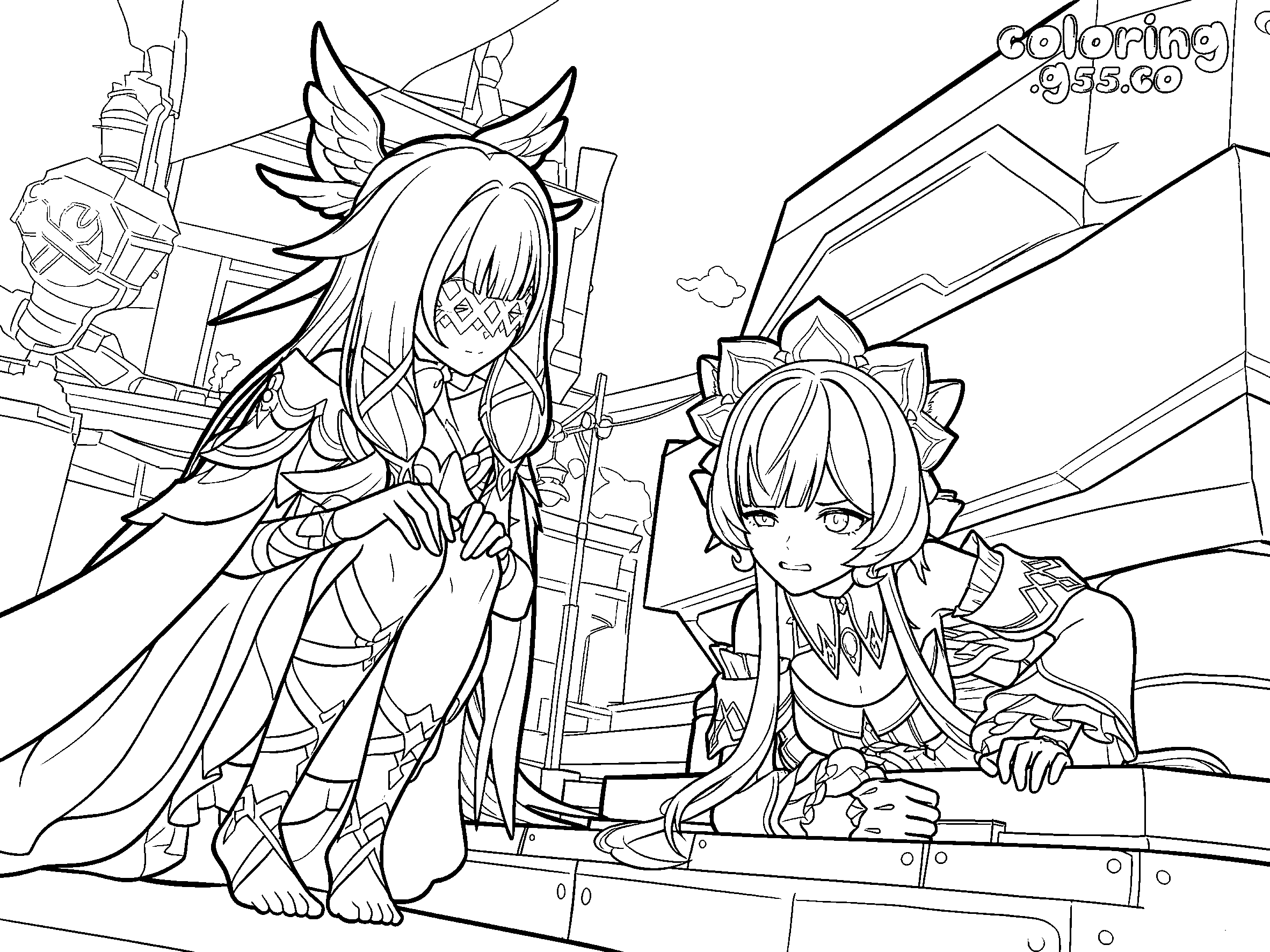 columbina and sandrone fatui harbingers genshin impact anime line art