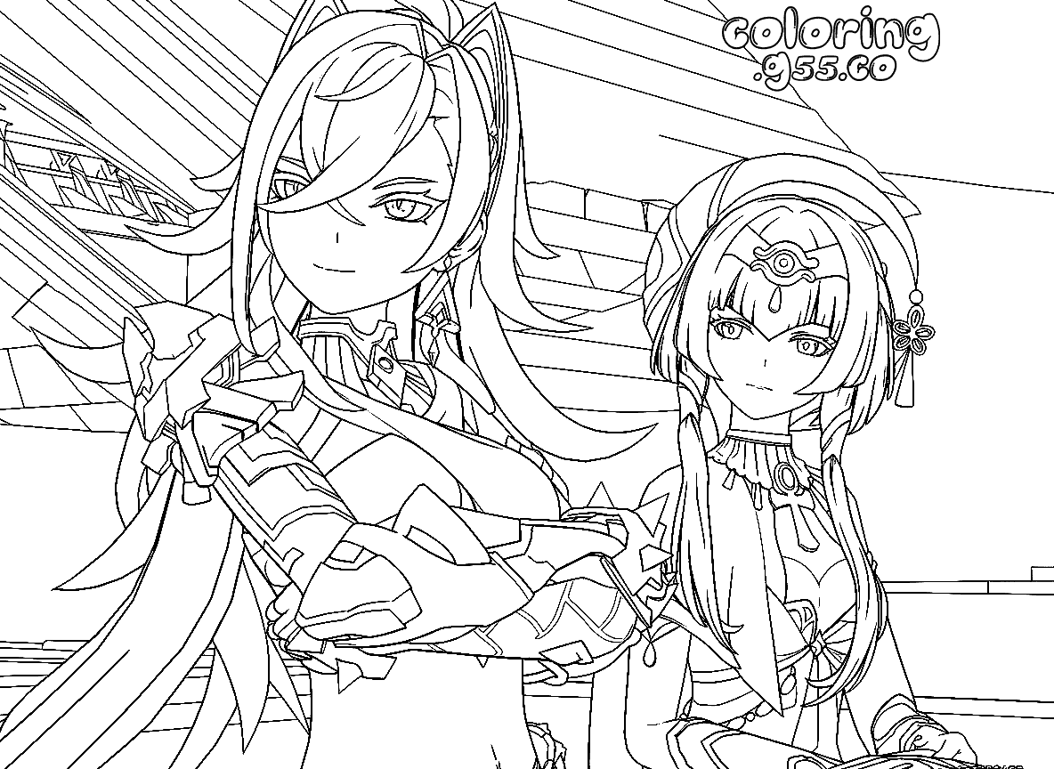 dehya and candace desert warriors epic genshin impact anime line art