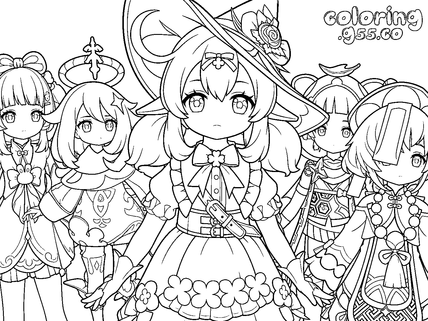 klee witch outfit with paimon friends genshin impact cute line art