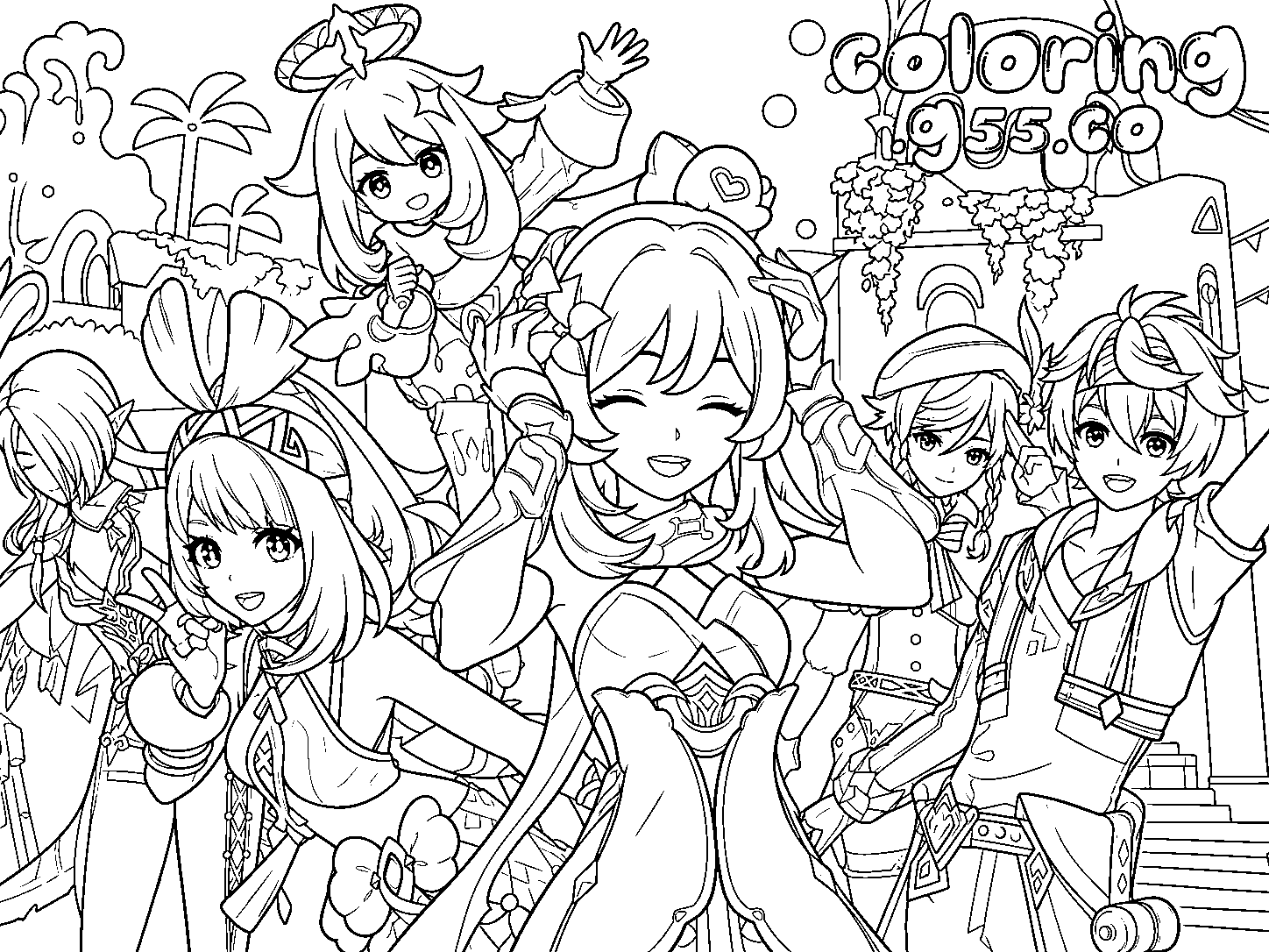 lumine and sumeru friends party joyful genshin impact anime line art