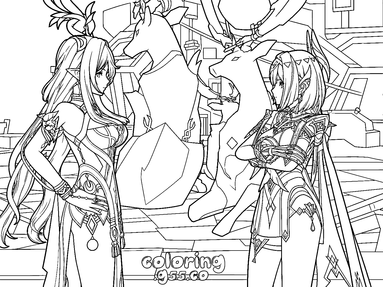 nefer and lauma natlan meeting genshin impact anime line art