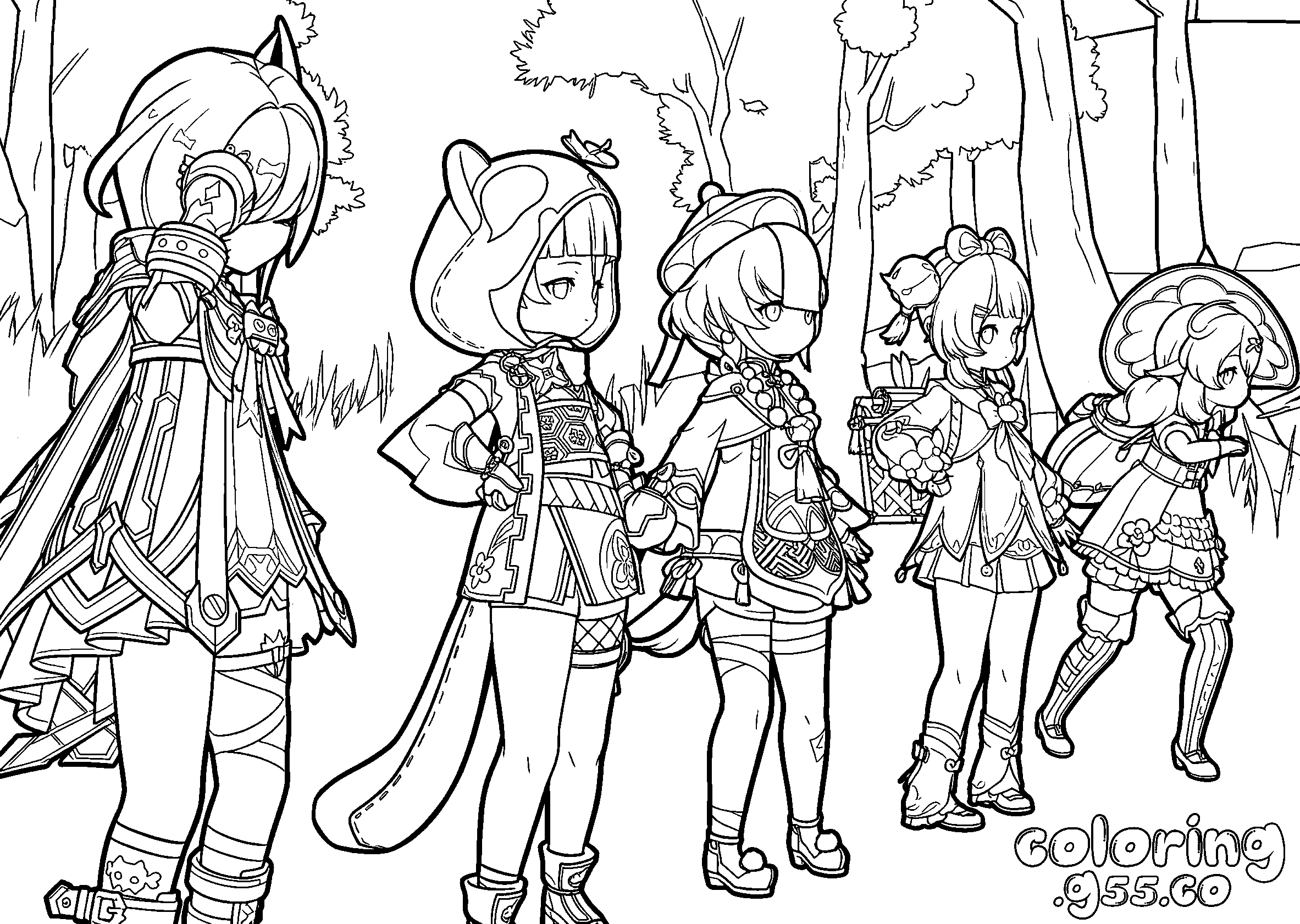 prune and chibi squad forest walk genshin impact anime line art