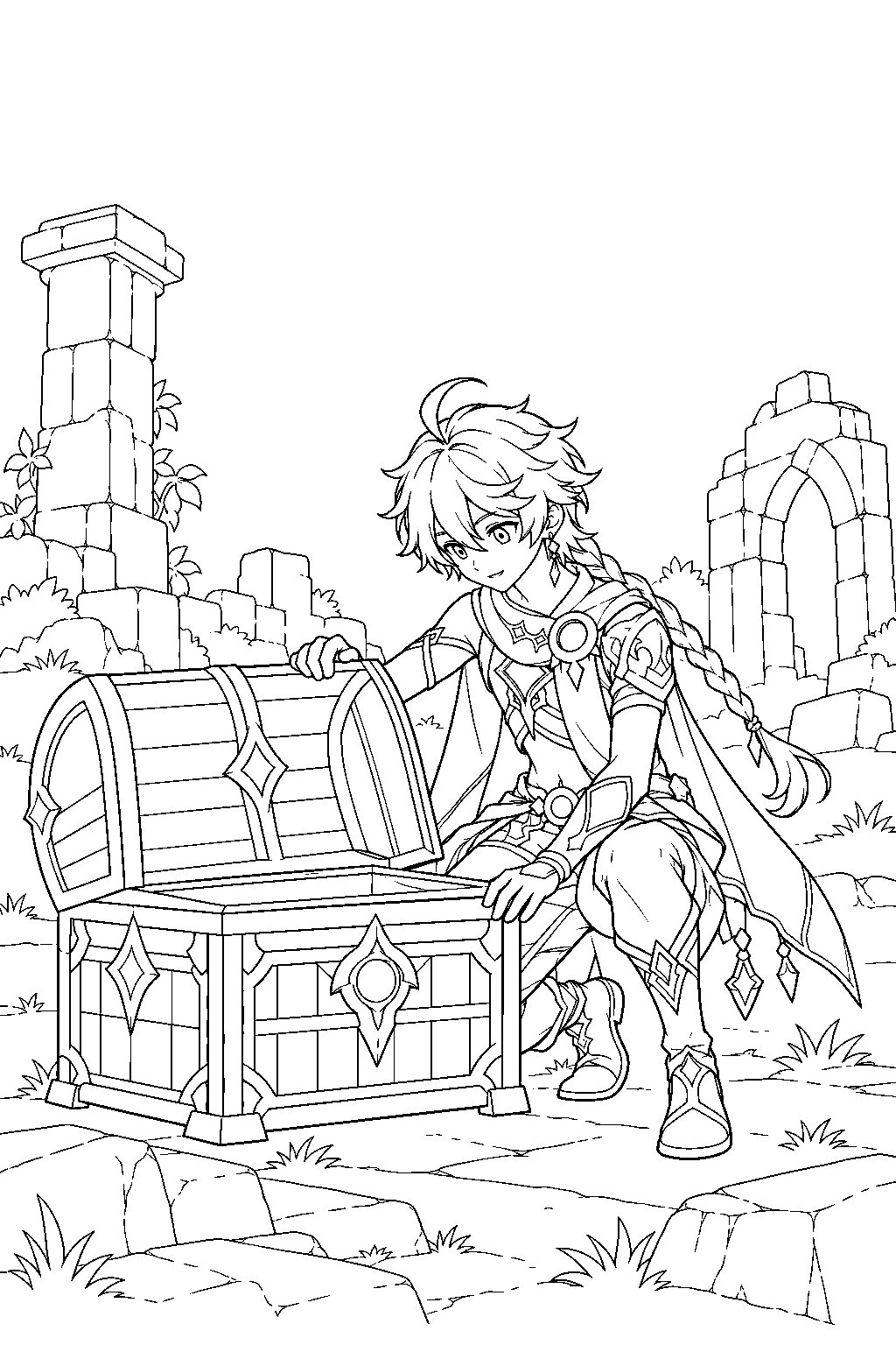 genshin impact aether opening a treasure chest beside ancient stone ruins line art