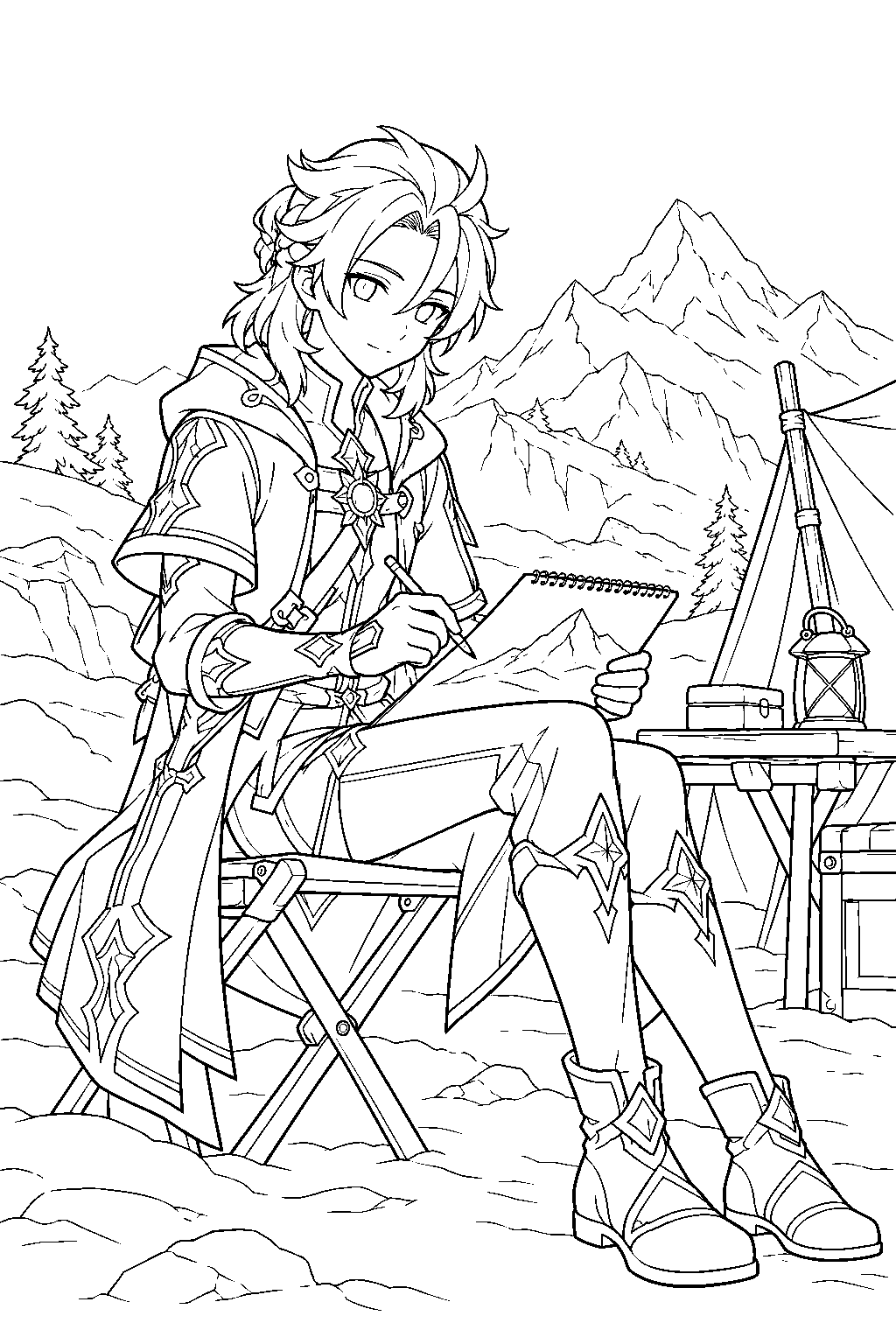 genshin impact albedo sketching a mountain landscape at his dragonspine camp line art