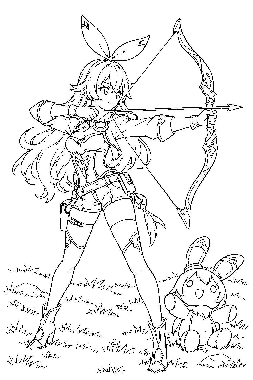 genshin impact amber aiming her bow beside baron bunny in a grassy field line art