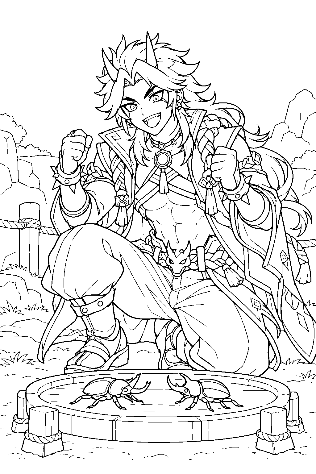 genshin impact arataki itto cheering beside an onikabuto beetle battle arena line art