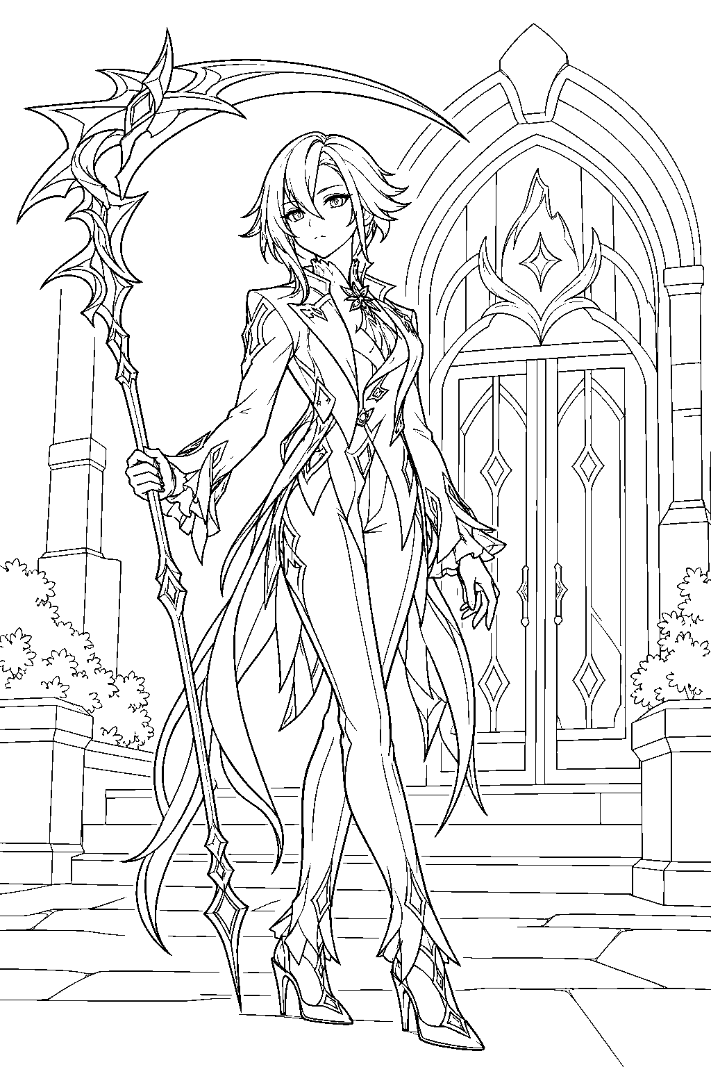 genshin impact arlecchino holding her scythe outside the house of the hearth line art