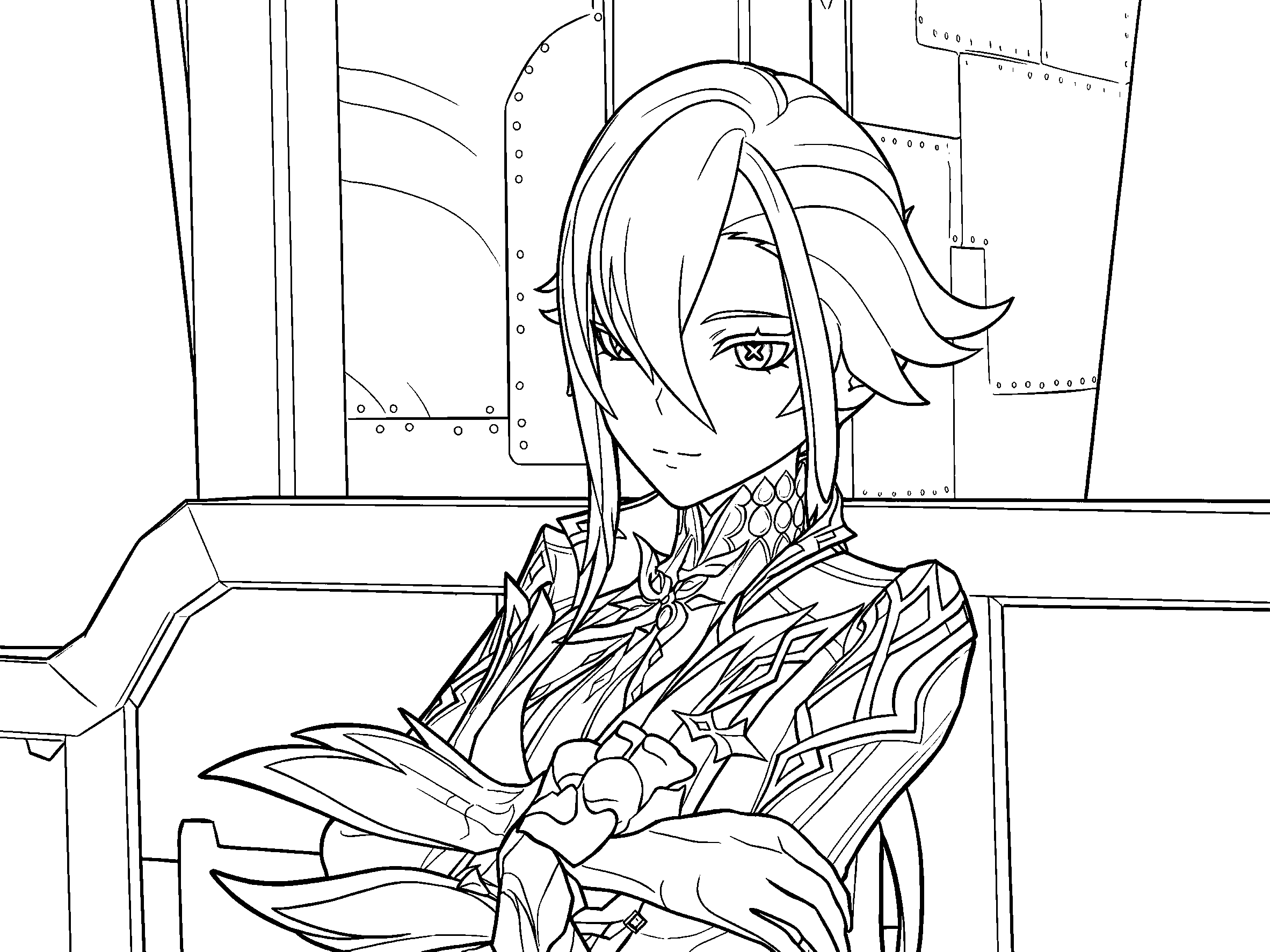 genshin impact arlecchino sitting line art fatui sheet