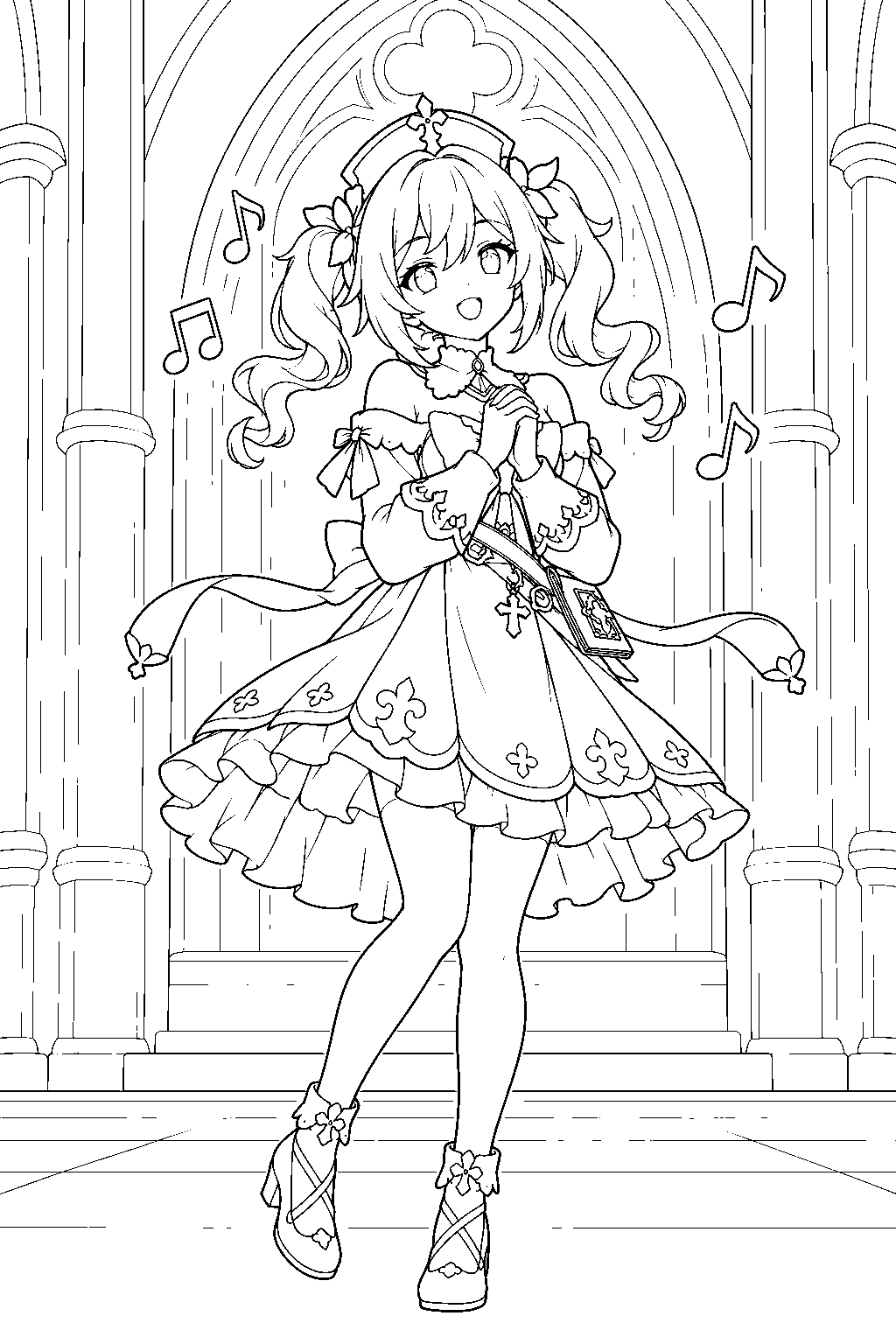 genshin impact barbara singing with musical notes inside mondstadt cathedral line art