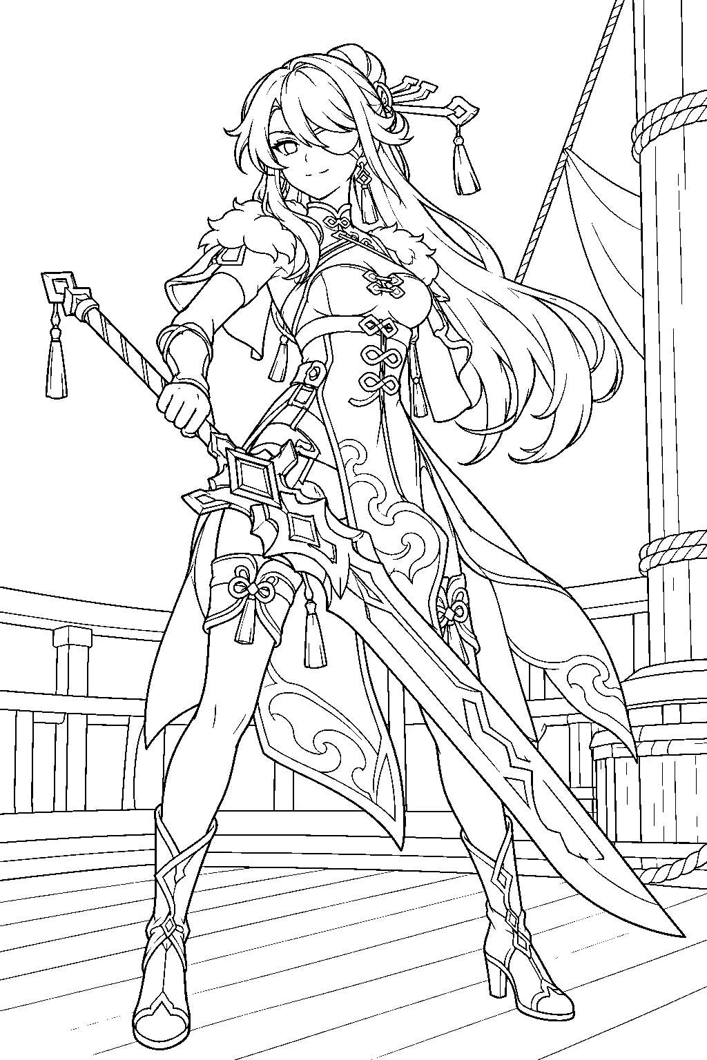 genshin impact beidou wielding her claymore on the alcor ship deck line art