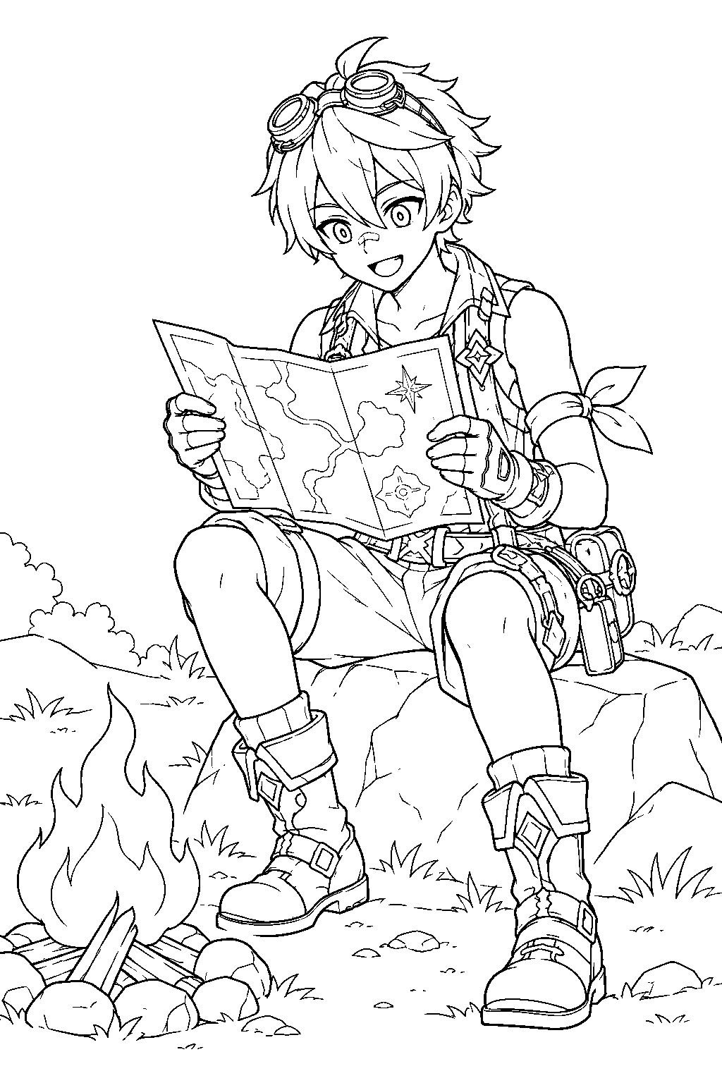 genshin impact bennett reading an adventure map beside a campfire line art