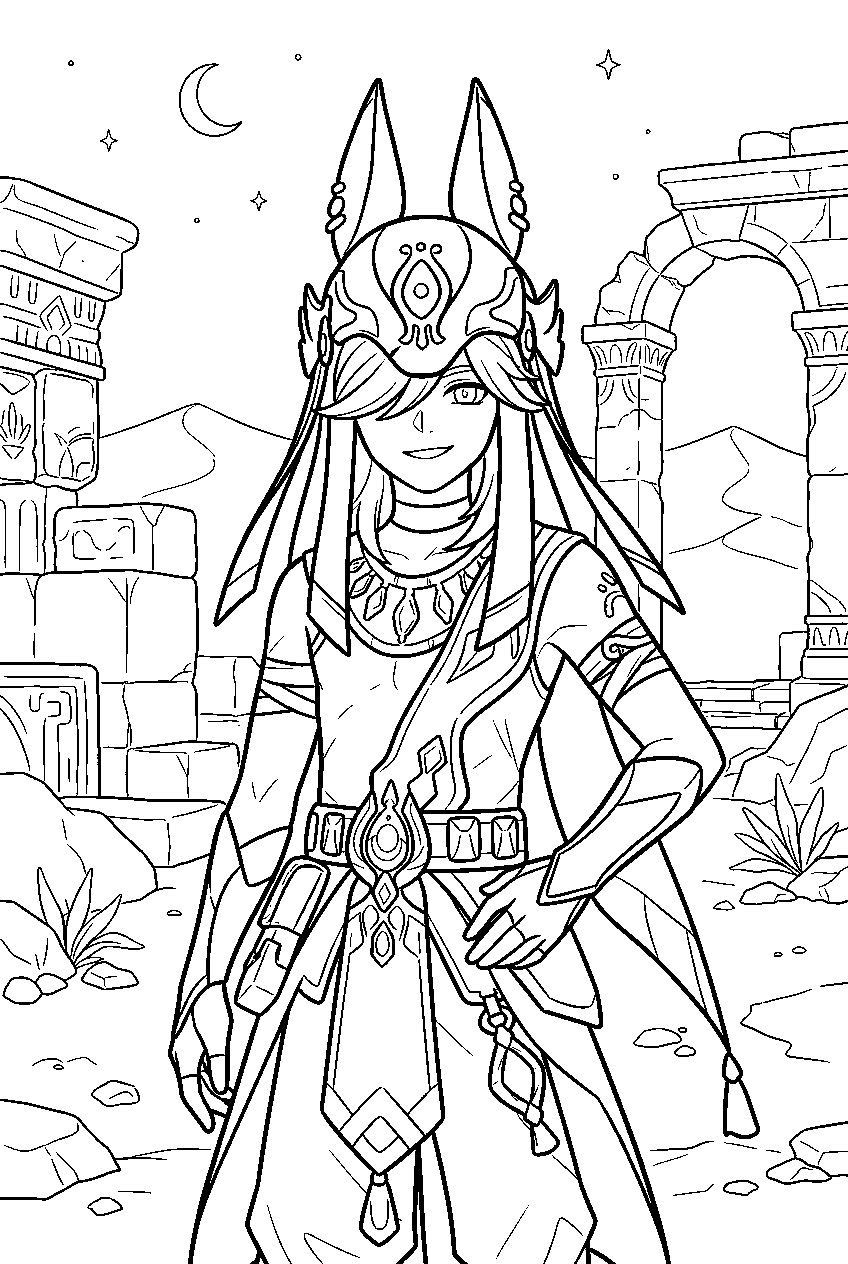 genshin impact characters in desert ruins line art