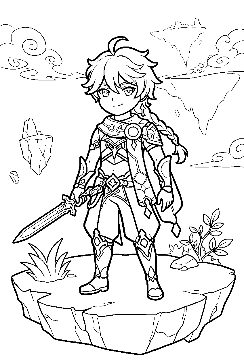 genshin impact characters in floating island line art