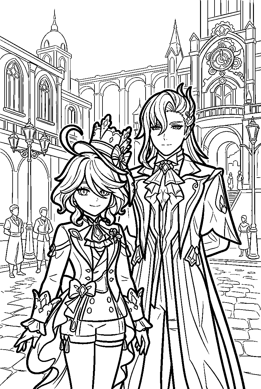 genshin impact characters in fontaine city line art