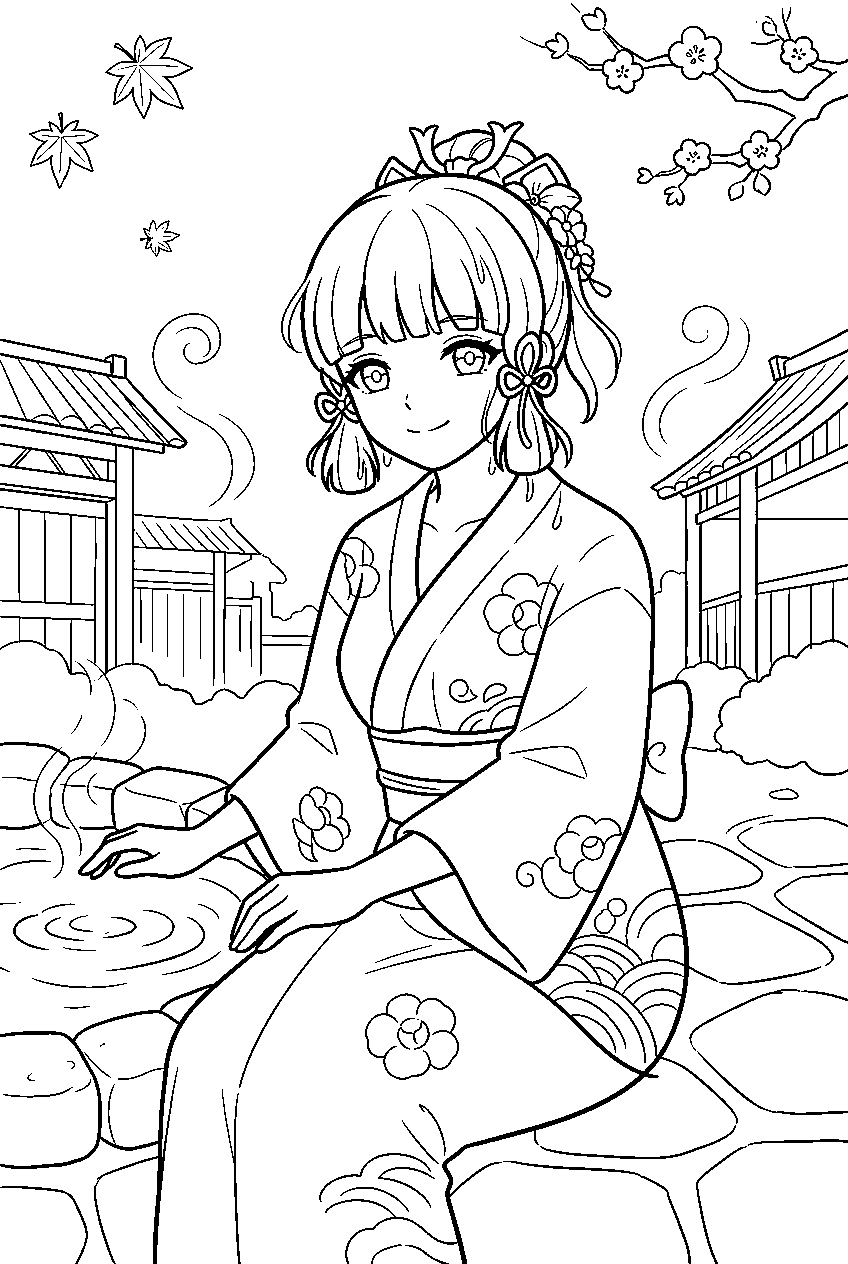 genshin impact characters in hot spring village line art
