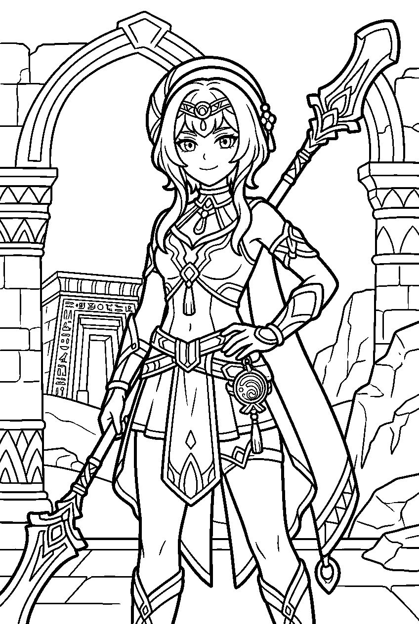 genshin impact characters in king deshret ruins line art