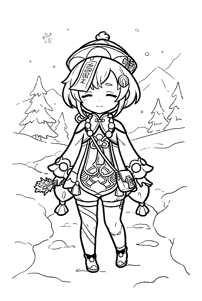 genshin impact characters in snow covered path line art