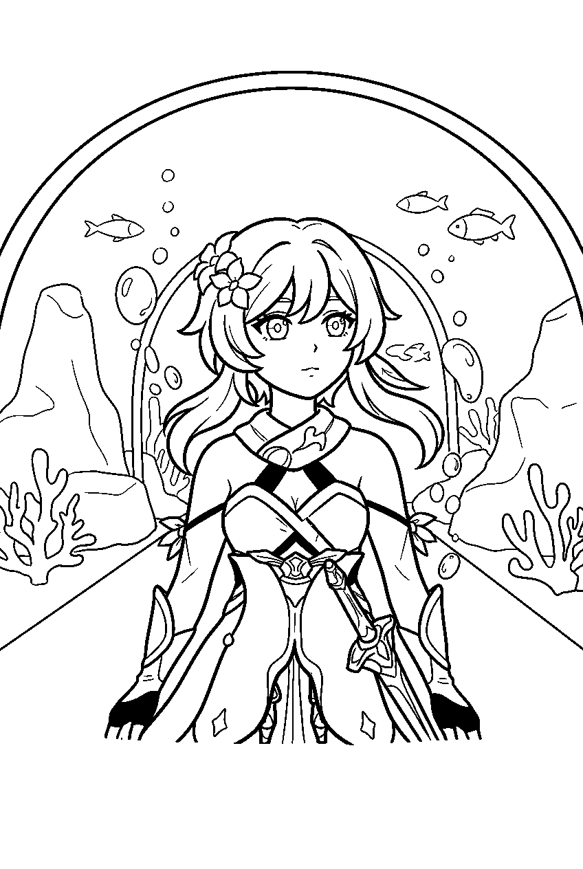 genshin impact characters in underwater tunnel line art