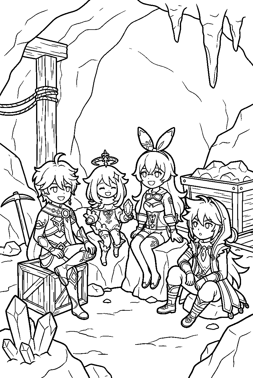 genshin impact characters sitting in underground mines line art