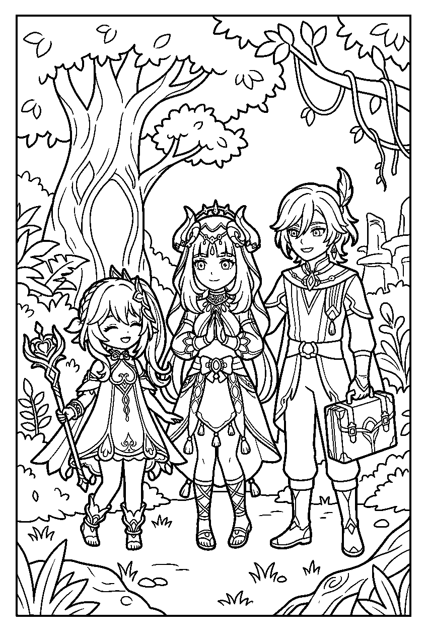 genshin impact characters standing in apam woods line art