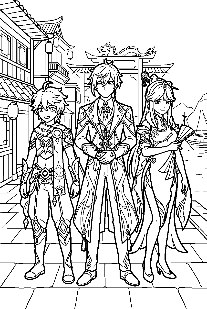 genshin impact characters standing in liyue harbor line art