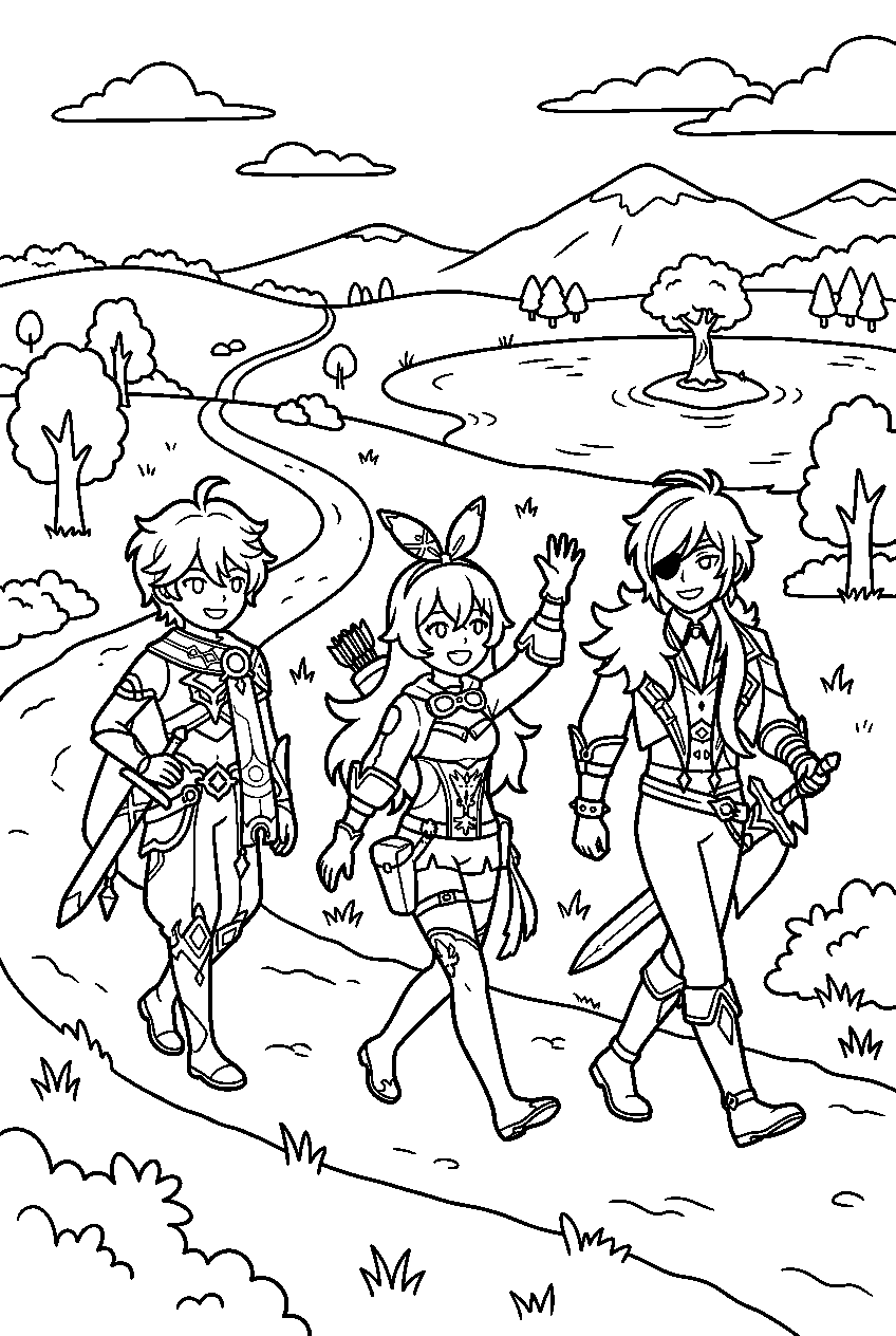 genshin impact characters walking in starfell valley line art