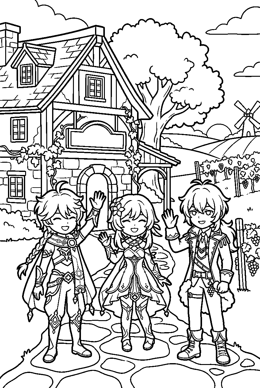 genshin impact characters waving in dawn winery line art