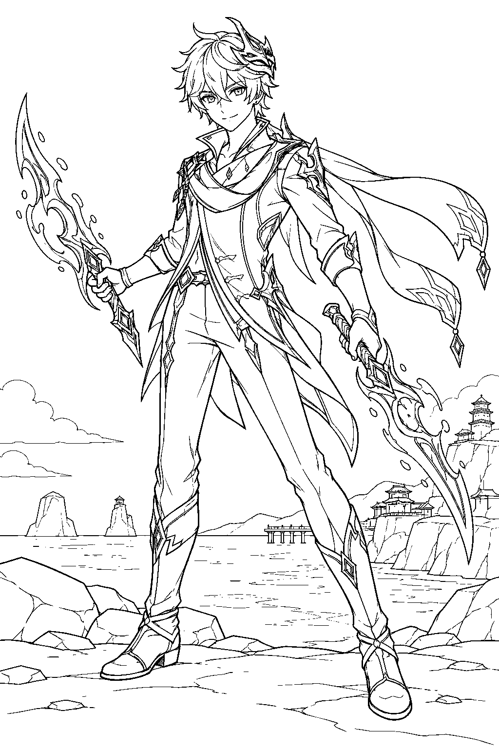 genshin impact childe holding twin hydro blades on the liyue coast line art