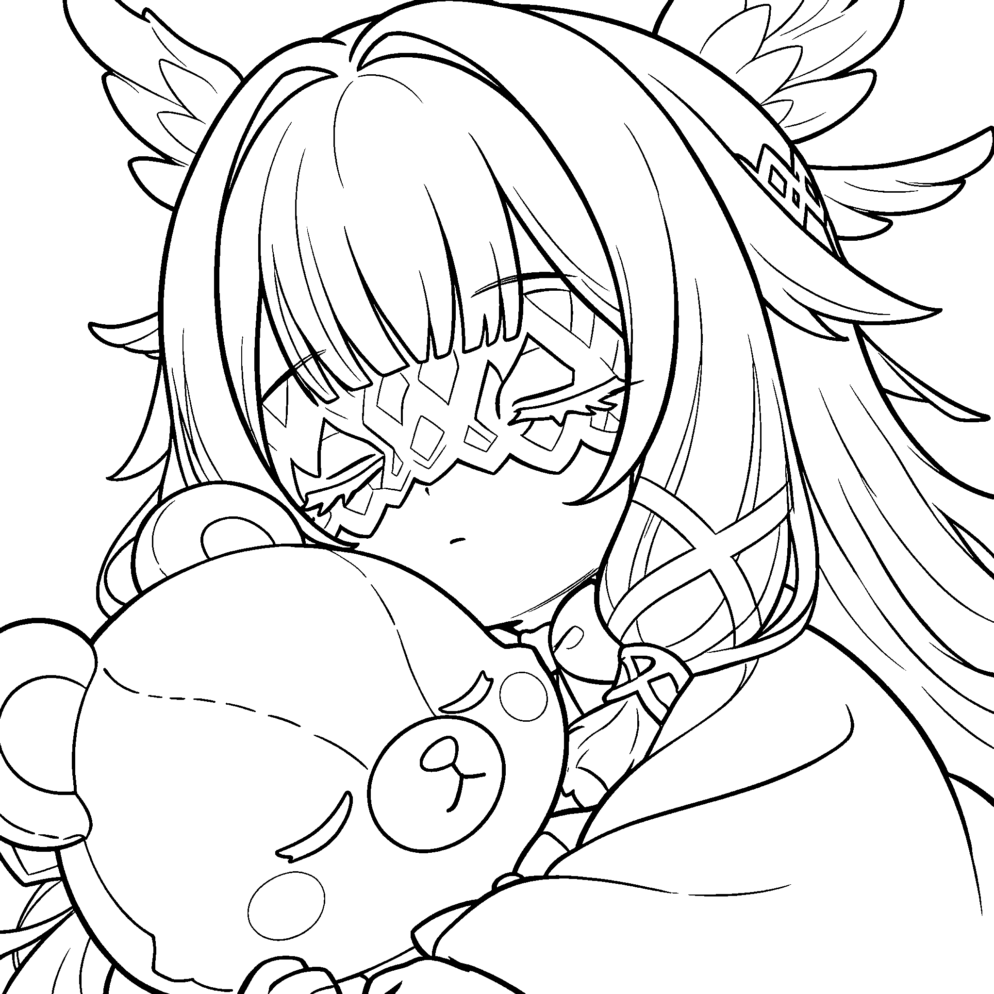genshin impact columbina hugging teddy bear cute anime line art