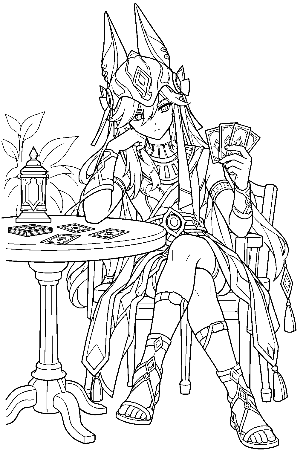 genshin impact cyno holding genius invokation cards at a game table line art