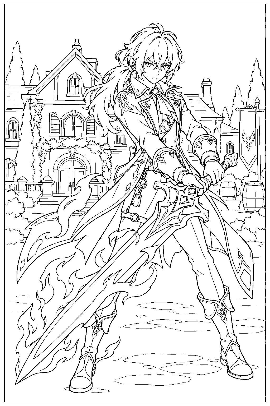 genshin impact diluc wielding a flaming claymore before dawn winery line art