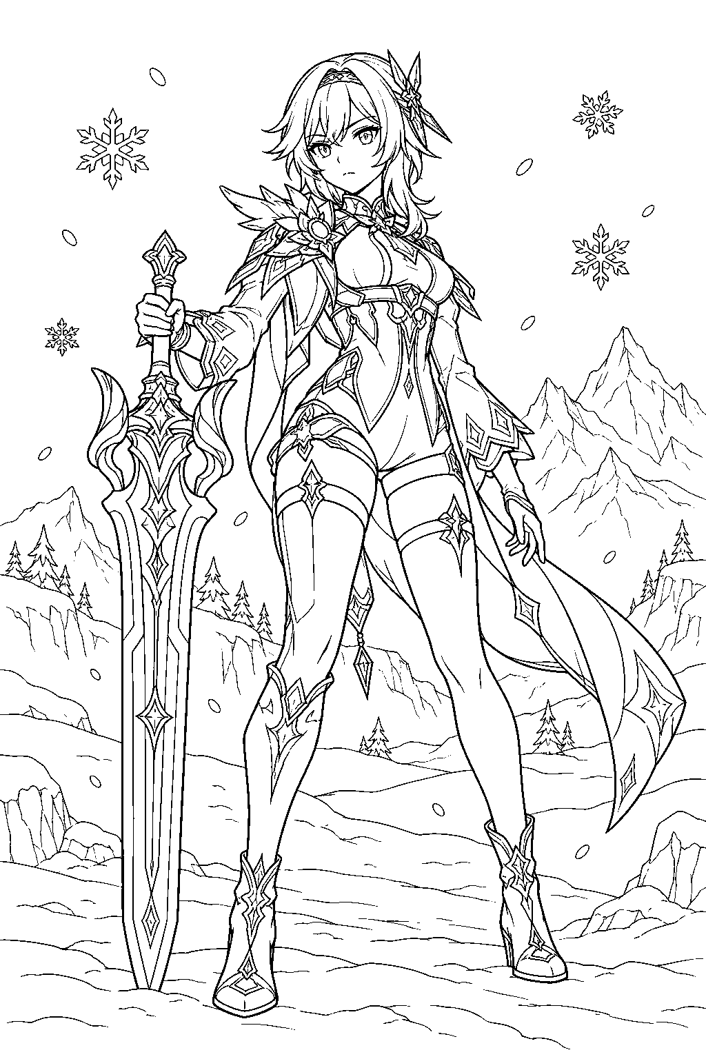 genshin impact eula holding her claymore amid snowflakes on dragonspine line art