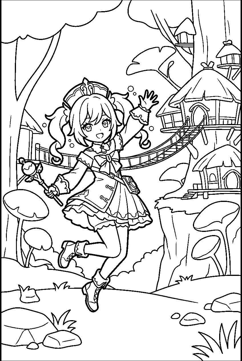genshin impact furina jumping in gandharva ville line art