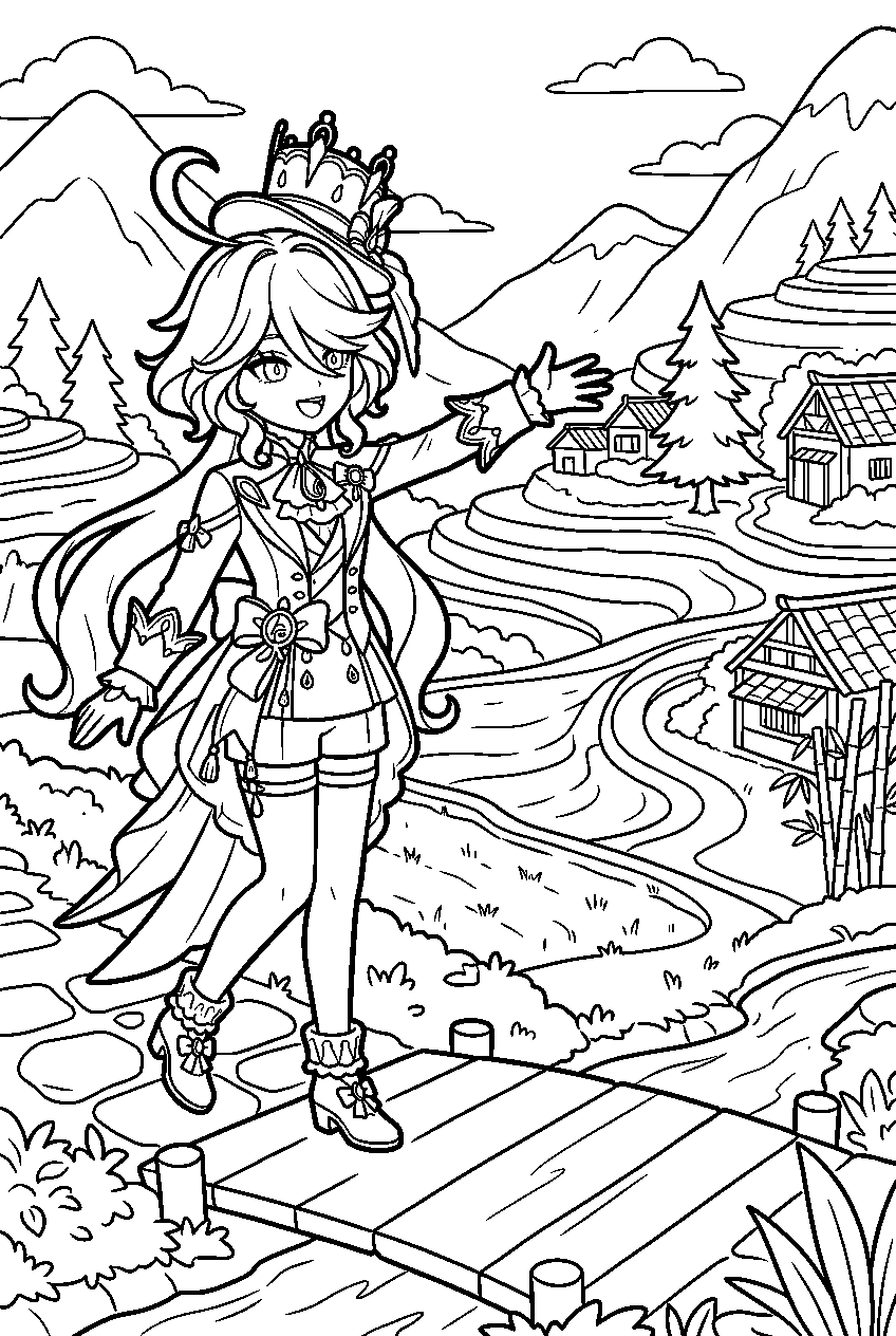 genshin impact furina reaching in qingce village line art