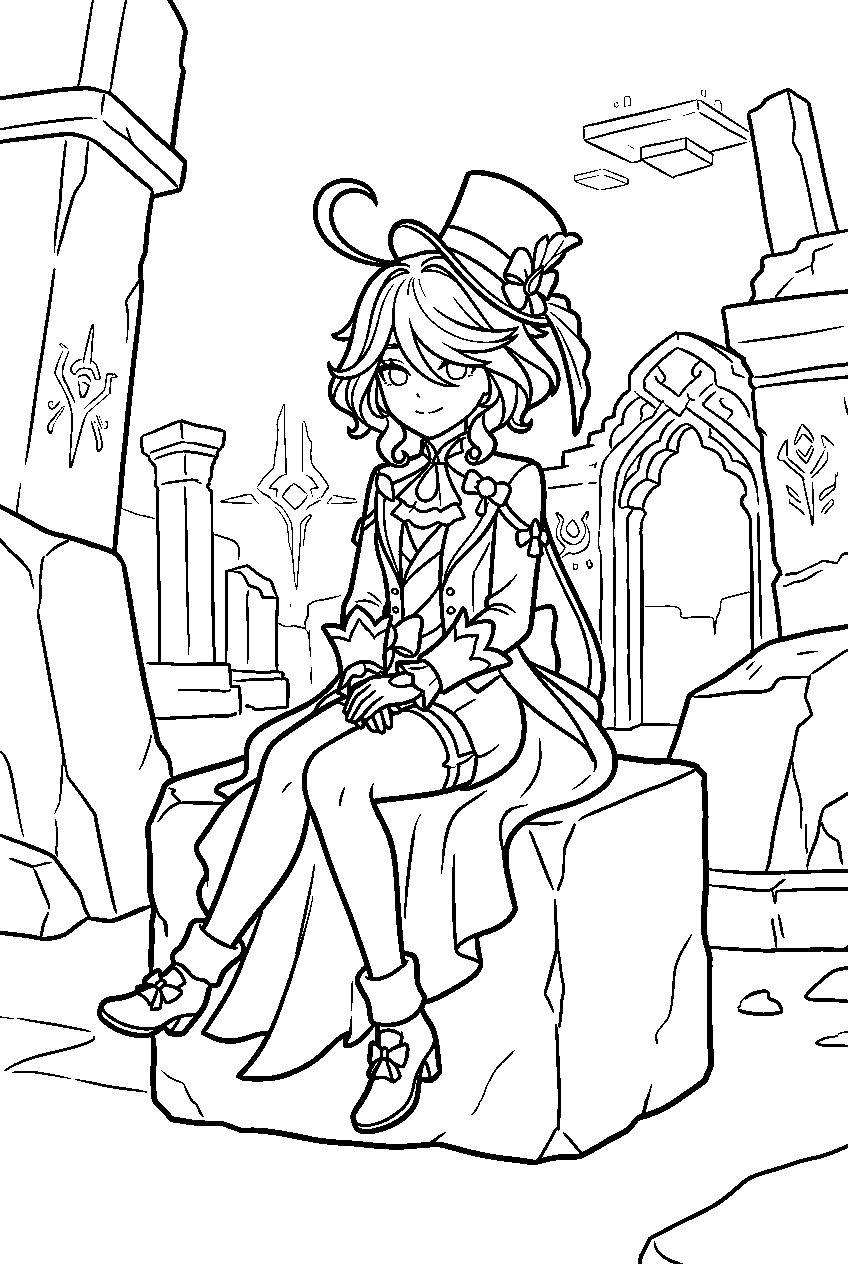genshin impact furina sitting in enkanomiya line art