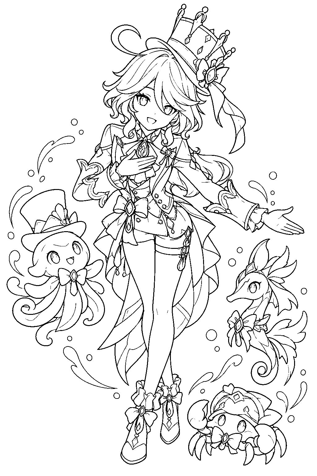 genshin impact furina taking a theatrical bow beside her salon solitaire companions line art