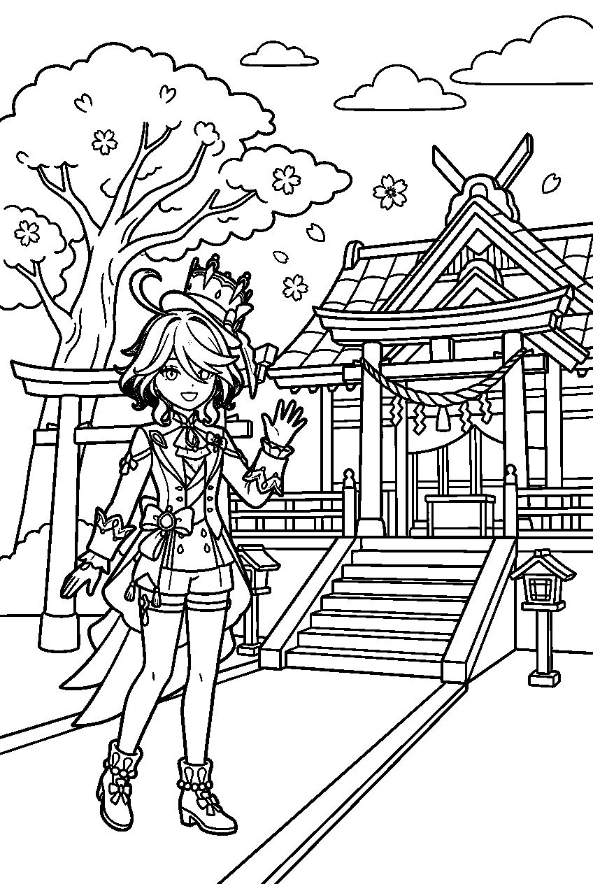 genshin impact furina waving near grand narukami shrine line art