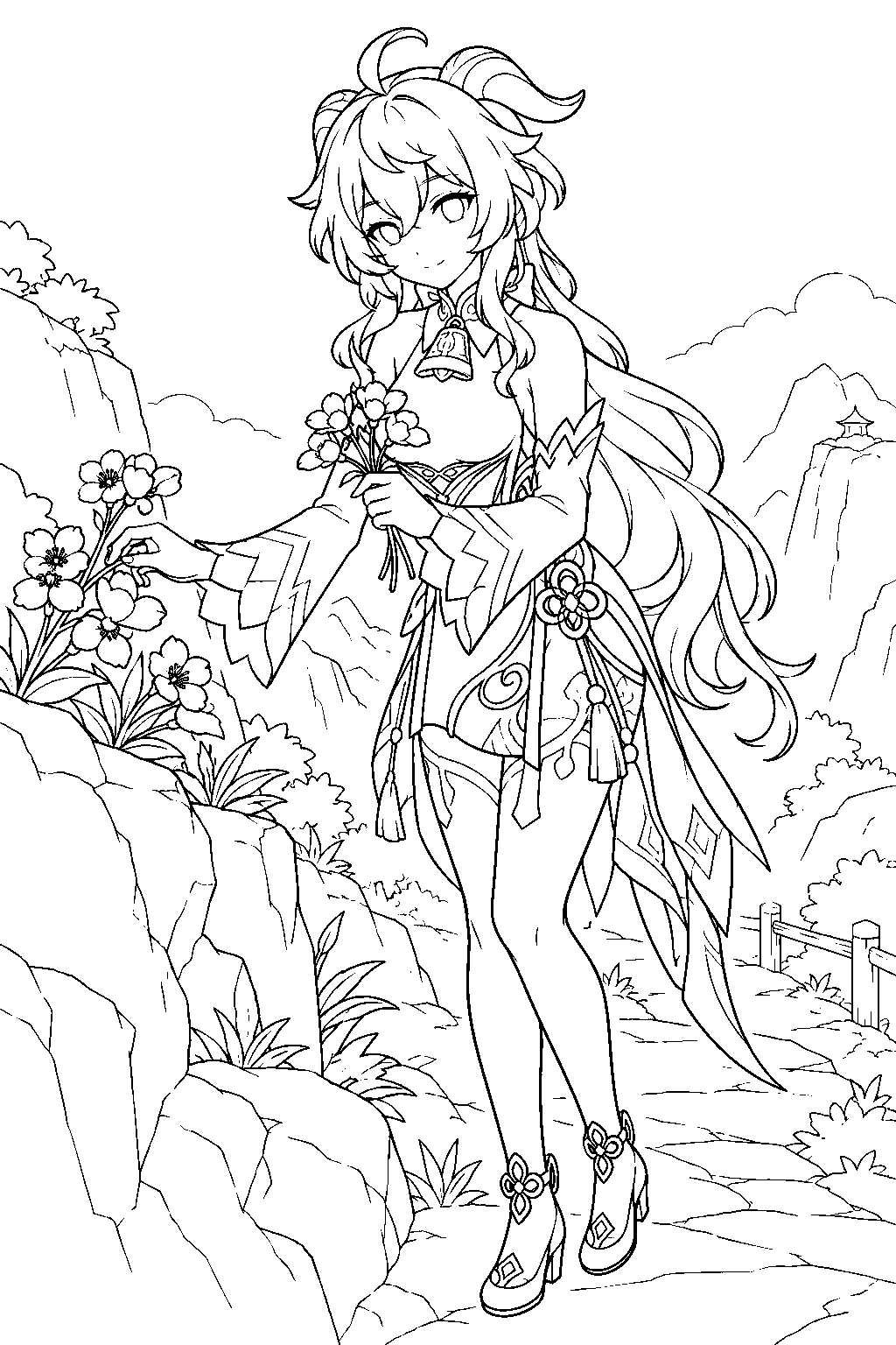 genshin impact ganyu gathering qingxin flowers on a mountain path line art